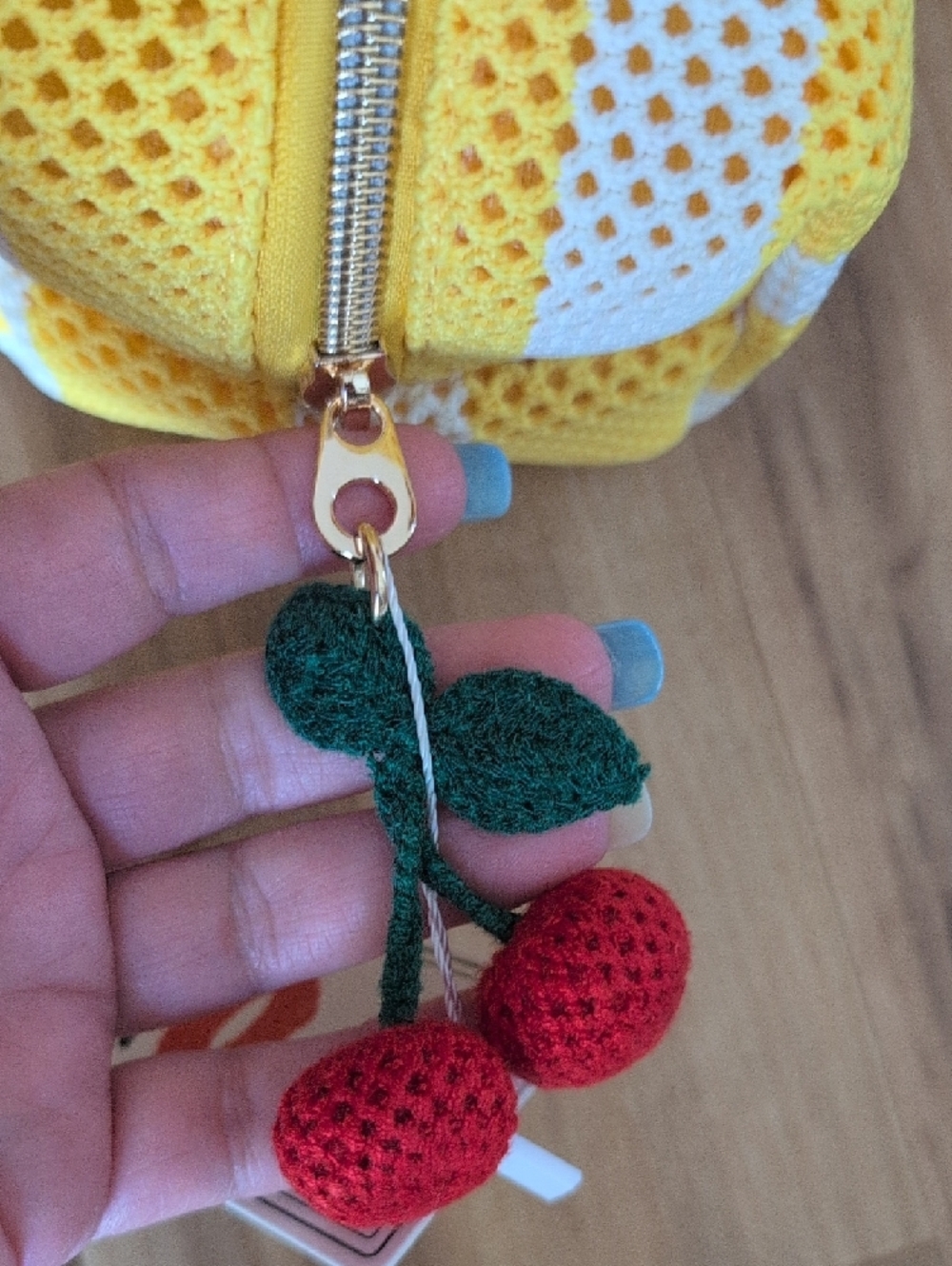 Blush Crochet Cosmetic Pouch in Yellow and White with Red Cherry Charm - Picture 3 of 10